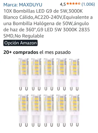 10x Bombillas LED G9 5W Blanco Cálido