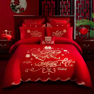 Juego de Cama 4 Piezas Seda Rojo y Dorado