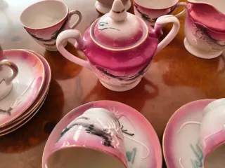 Juego de café porcelana rosa y blanco