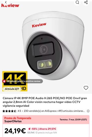 6 Cámaras Keview 8MP POE Audio H.265