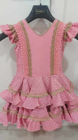 Traje Flamenca Niña Rosa Lunar + Mantoncillo