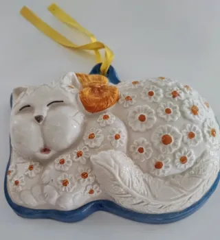 Formella gatto ceramica decorata fiori