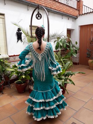 Vestido Flamenca Turquesa y Beige