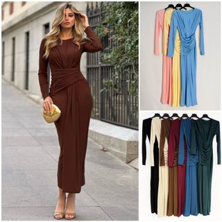 Vestido marrón drapeado manga larga