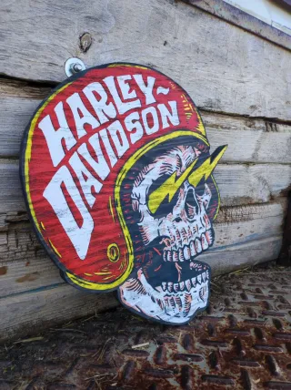 Cartel Calavera Harley Davidson Madera