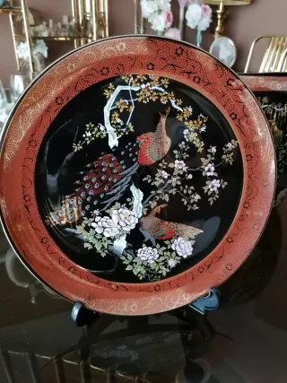 Juego Jarrón y Plato Cerámica Decorado. Incluye pt