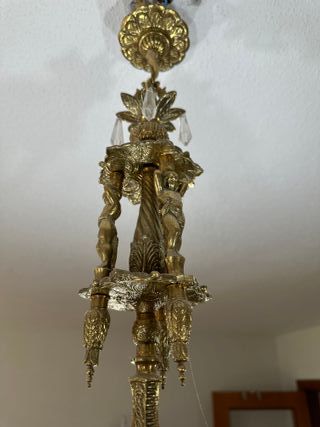 Lámpara antigua de bronce 6 brazos con cristales