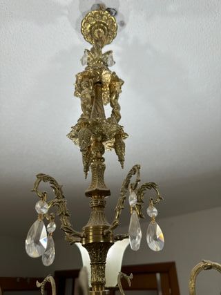 Lámpara antigua de bronce 6 brazos con cristales