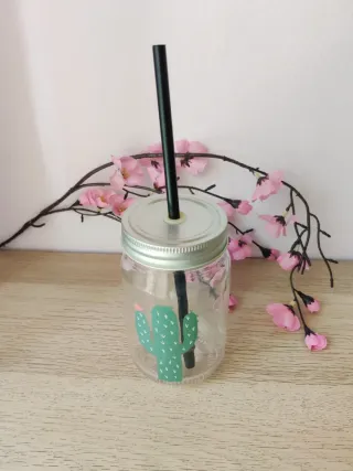 Vaso de Cristal con Cactus Tapa y Pajita