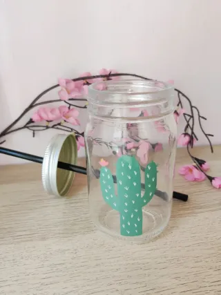 Vaso de Cristal con Cactus Tapa y Pajita