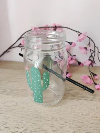 Vaso de Cristal con Cactus Tapa y Pajita