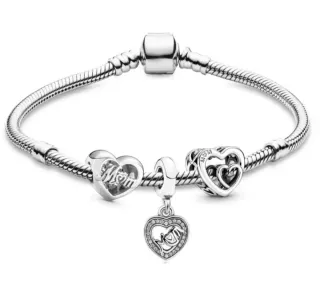 Pulsera plata con charms corazón Mom
