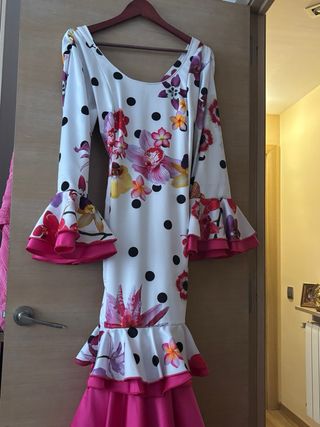 Vestido Flamenca Blanco Flores Lunares XXL