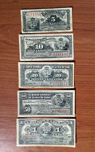 Lote 7 Billetes Banco Español de La Isla de Cuba