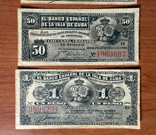 Lote 7 Billetes Banco Español de La Isla de Cuba
