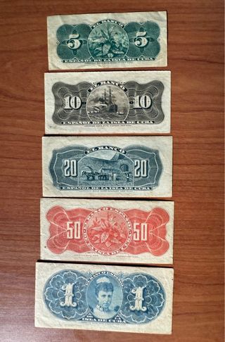 Lote 7 Billetes Banco Español de La Isla de Cuba