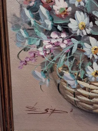 Cuadro Óleo Flores Cesta Madera antiguo