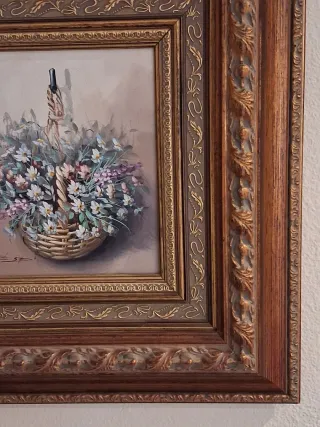 Cuadro Óleo Flores Cesta Madera antiguo