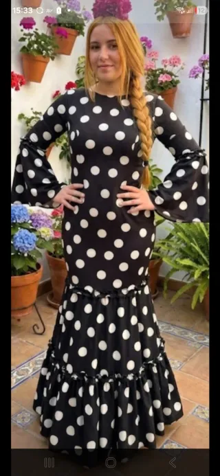 Traje Flamenca Negro Lunares Blanco Tallas S, L,XL
