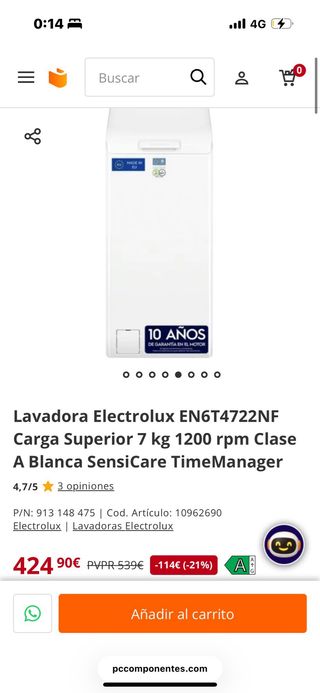 Lavadora Electrolux PerfectCare 600 7kg Etiqueta A