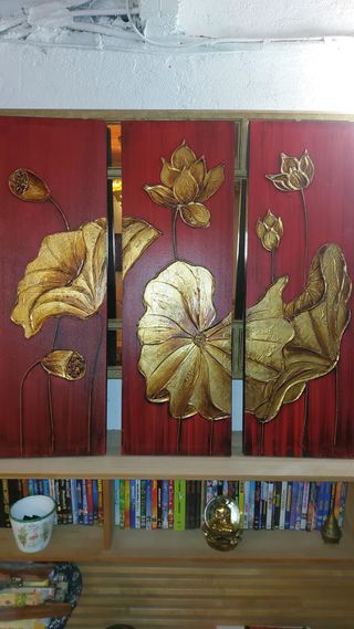 Cuadro Tríptico Flores Doradas