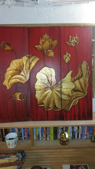 Cuadro Tríptico Flores Doradas