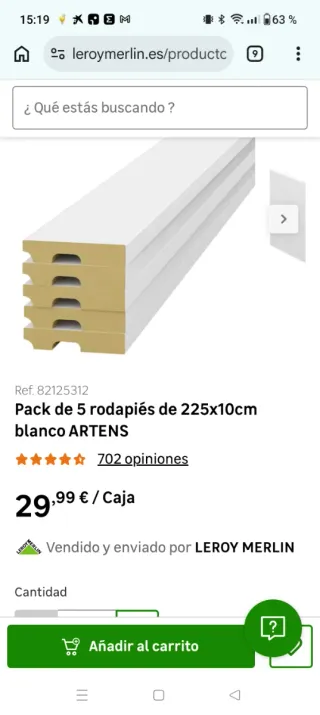 Tres Pack 5 Rodapiés 225x10cm Blanco ARTENS