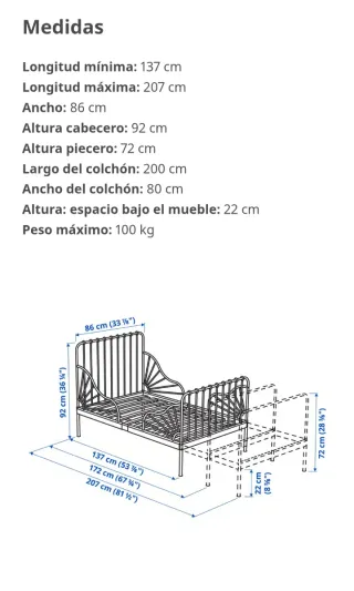 Cama extensible MINNEN 80x200cm + somier + colchón
