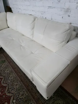 Sofá Seccional Blanco Cuero y Tela