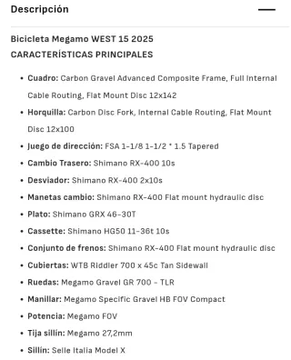 Bicicleta carbono Megamo West 15 Talla M 2025