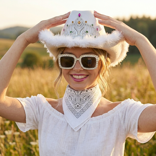 Sombrero Vaquera Blanco, Bandana y Gafas | Western