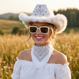 Sombrero Vaquera Blanco, Bandana y Gafas | Western