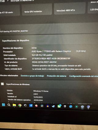 Portátil Asus TUF Gaming RTX 4060