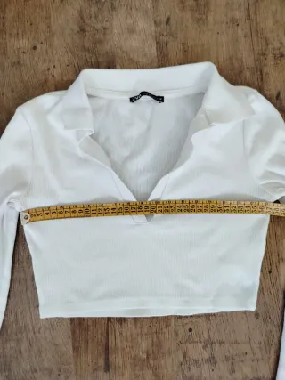 Top Zara manga larga cuello polo blanco