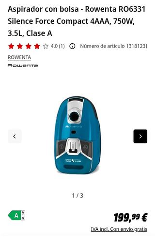 Aspirador con bolsa Rowenta RO6331 Silence Force Compact 4AAA, 750W