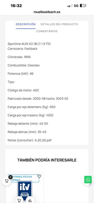 Muelles Eibach Sportline Audi A3 8L
