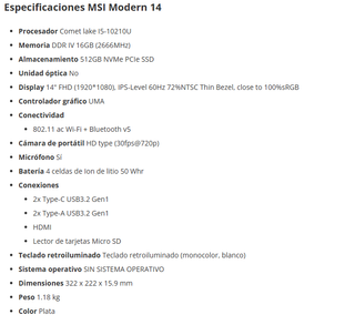 MSI Modern 14 A10M-600XES Intel Core I5-10210U