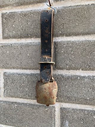 Campana antica con collare in cuoio