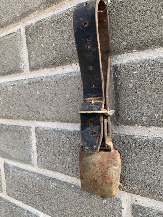 Campana antica con collare in cuoio