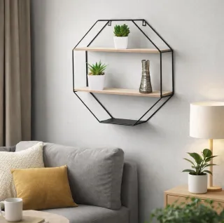 Mensola esagonale da parete in metallo e legno