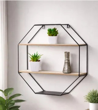 Mensola esagonale da parete in metallo e legno