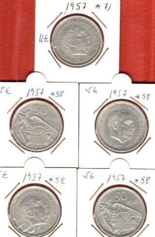 Lote 5 Monedas 1957 Franco* 58 y 71