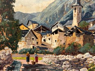 Cuadro de pueblo en montaña.