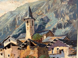 Cuadro de pueblo en montaña.