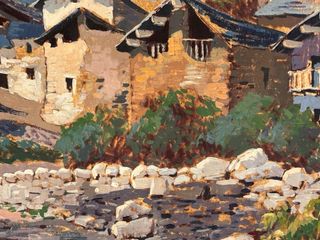 Cuadro de pueblo en montaña.