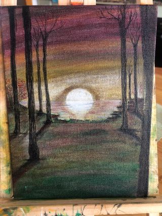 Pintura paisaje atardecer bosque