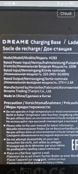 Dreame HCB3 150W base ricarica aspirapolvere