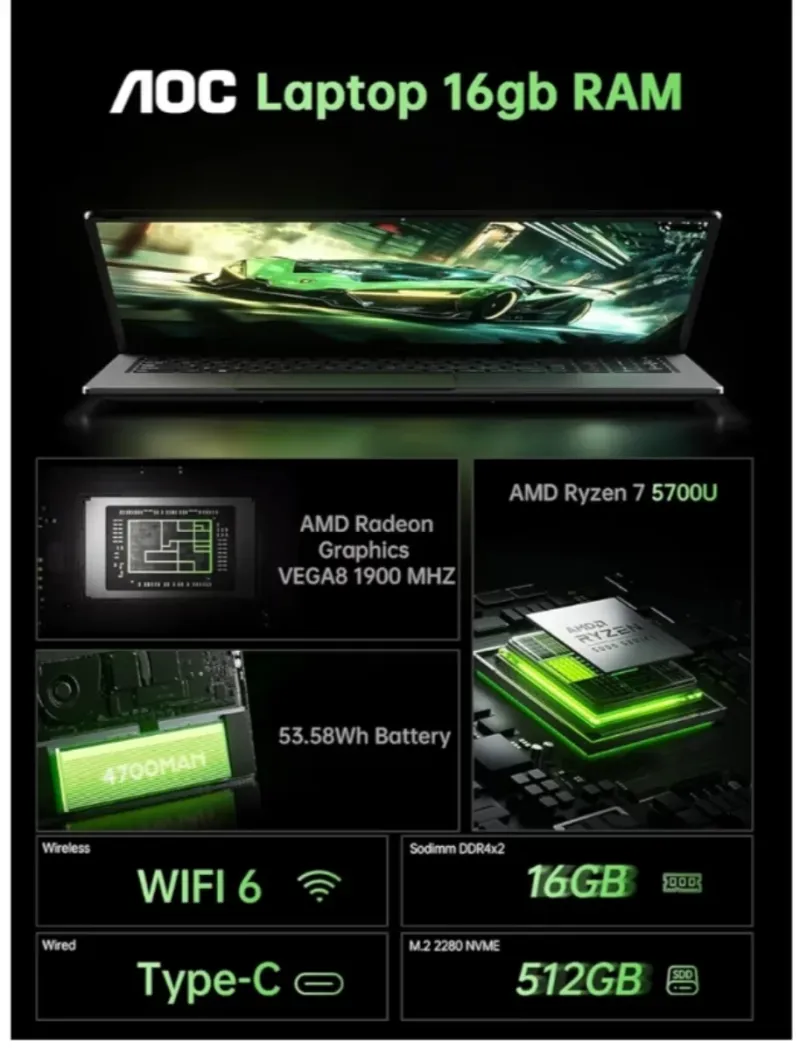 Portátil Gamer AOC Ryzen 7 5700U afbeelding 3