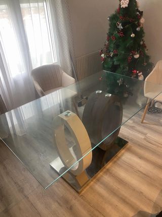 Mesa cristal moderna y auxiliar madera