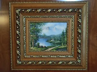 Cuadro paisaje montañoso con lago, óleo